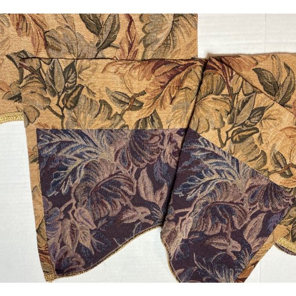 2 Vintage Scalloped Valances Short Curtains Tan Leaves Floral Tapestry Gold Pair - Picture 5 of 5
